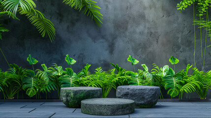 Urban Jungle Oasis, Stone Pedestals and Lush Ferns in a Contemporary Green Wall Setting