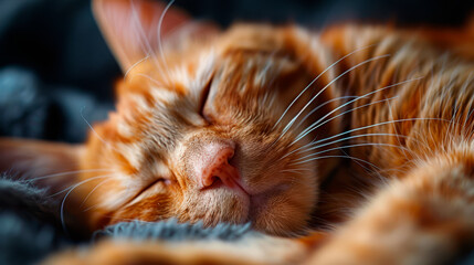 a photo of a sleepy face of a beautiful and calm cat sleeping very cozy.