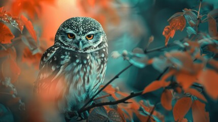 Small owl on vibrant natural backdrop Athene noctua