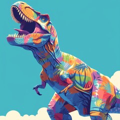 illustration of a trex dinosaur in vibrant colors against a colorful background