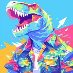 vector pop art dinosaur, colorful, simple design with flat colors on a vibrant background