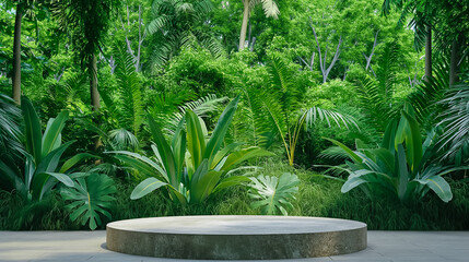 Tranquil Jungle Oasis, Stone Pedestal Set Against a Lush Green Tropical Background, wooden Podium, Product Showcase Concept 