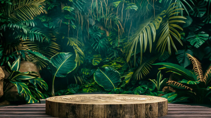 Lush Tropical Foliage with Wooden Platform in Natural Jungle Setting, wooden Podium, Product Showcase Concept 