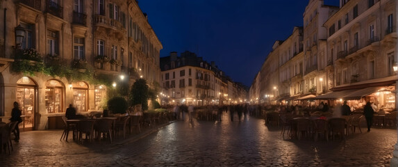 European street with outdoor cafes at night