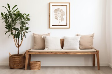 Wooden bench with pillows and wall picture, enhancing interior design