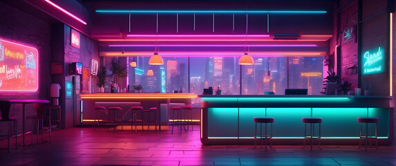 Futuristic neon-lit empty bar interior