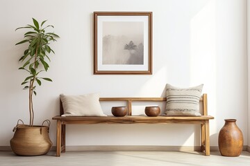 Wooden bench with pillows and wall picture, enhancing interior design