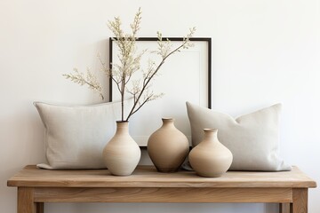 Wooden bench with pillows and wall picture, enhancing interior design