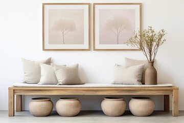 Wooden bench with pillows and wall picture, enhancing interior design