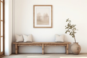 Wooden bench with pillows and wall picture, enhancing interior design
