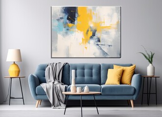 Living room with an azure couch and a painting on the wall