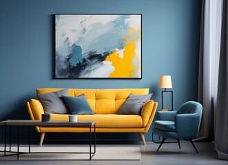 Living room with an azure couch and a painting on the wall