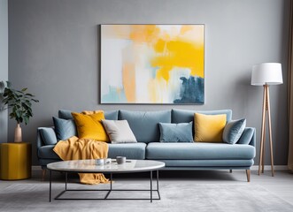 Living room with an azure couch and a painting on the wall