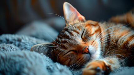 a photo of a sleepy face of a beautiful and calm cat sleeping very cozy.