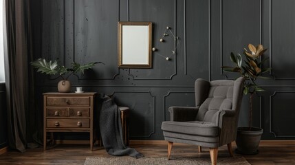 dark gray Cozy home relax interior with armchair and drawer with decoration, mockup frame