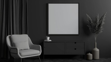 dark gray Cozy home relax interior with armchair and drawer with decoration, mockup frame