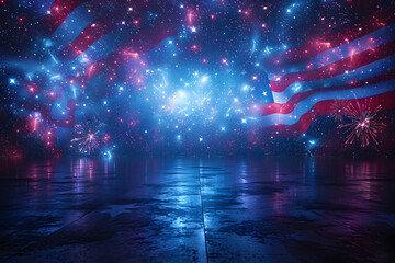 American Flag colors and fireworks mockup background with copy space . 4 July independence day concept celebration