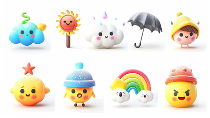 
Weather forecast characters. Cute cartoon summer and winter signs, funny spring and fall icons. Night and day symbols, sun and moon