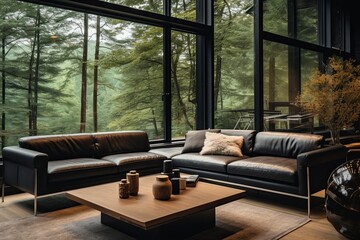 Minimalist interior design of modern living room, home. Black leather sofa in spacious room in villa in forest.