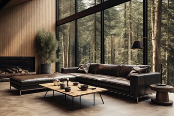 Minimalist interior design of modern living room, home. Black leather sofa in spacious room in villa in forest.