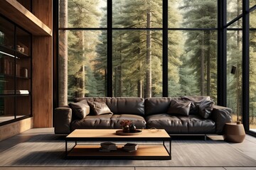 Minimalist interior design of modern living room, home. Black leather sofa in spacious room in villa in forest.