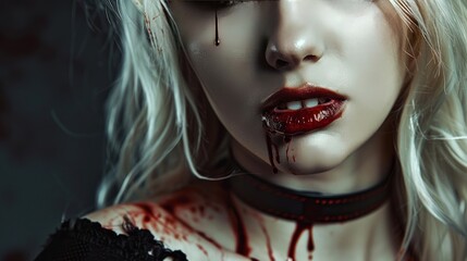Portrait of pale white face of vampire woman with white hair and red lips wallpaper AI generated image