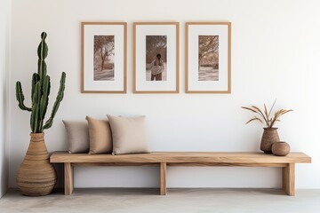 Stylish and scandinavian living room interior of modern apartment with gray sofa, design wooden commode.