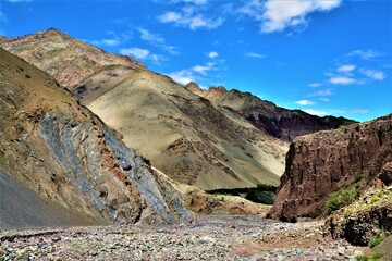 View of the rocky gorge taken from the hiking trail leading from the mountain pass Kongmaru La...