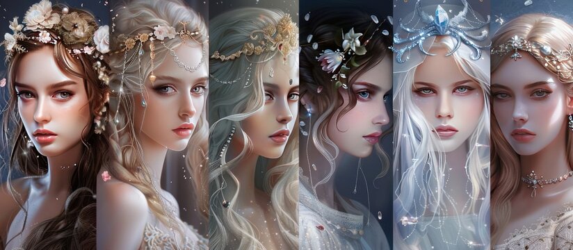 Fototapeta Beautiful fantasy fairy tale elf woman princess portrait collection set wallpaper AI generated image