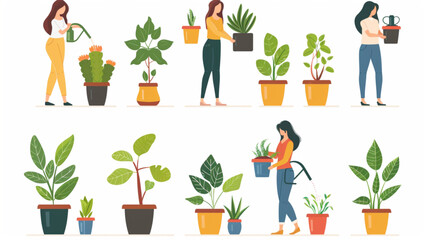 
Girls takes care houseplants. Young woman watering interior indoor green plants in pot. Lady growing home potted flowers in pots