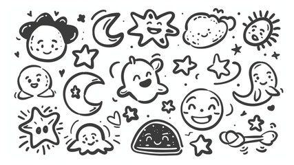 
Doodle line design elements. Sketch daily stickers for planner. Cute hand draw speech bubble, decor stars, prints animal signs, weather icon,