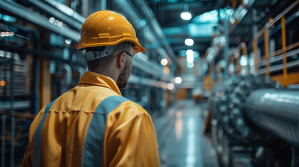 An industrial worker in yellow safety gear monitors a busy production line in a large factory.