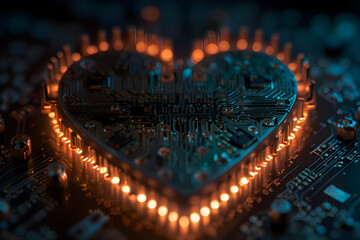 glowing heart-shaped microchip, PCB, dozens of soldered connectors, technocratic love symbolism, intensely detailed, high inference, HD, Hyper Resolution 