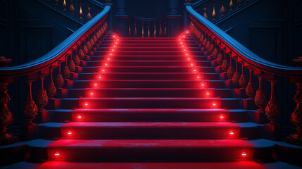 Stairs with red carpet and illuminated with lights on each steps