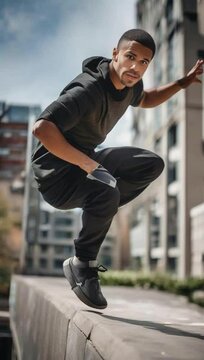 A mixed-race man doing parkour in an urban setting award winning phot