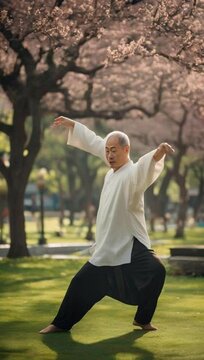 A East Asian man practicing tai chi in a park award winning photograp