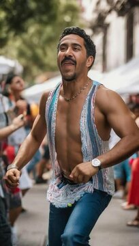A Hispanic man dancing at a lively street festival award winning phot