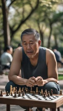 A East Asian man playing chess in a park award winning photography hy
