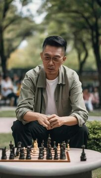 A East Asian man playing chess in a park award winning photography hy