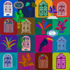 Goan windows are made from oyster shells in a Portuguese colonial style. Seamless colorful pattern with name plate with decor elements in traditional Goan colors.