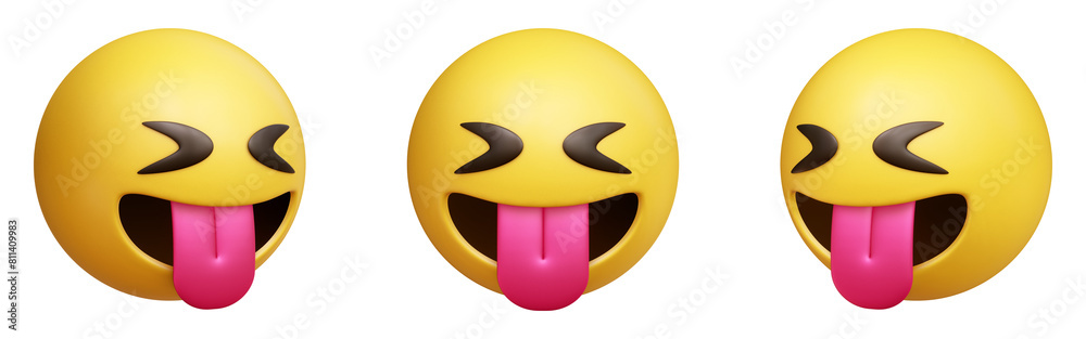 Poster squinting face with tongue three-dimensional emoji. teasing emoticon isolated on transparent backgro
