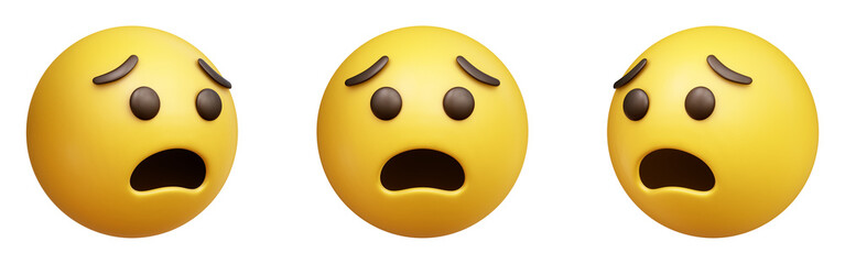 Anguished face three-dimensional emoji. Panicked emoticon isolated on transparent background. 3D rendering