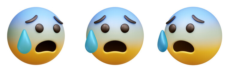 Anxious face with sweat three-dimensional emoji. Terrified emoticon isolated on transparent background. 3D rendering