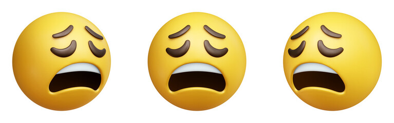 Weary face three-dimensional emoji. Sighing emoticon isolated on transparent background. 3D rendering