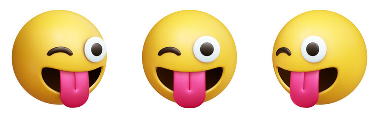 Winking face with tongue three-dimensional emoji. Mischievous emoticon isolated on transparent background. 3D rendering