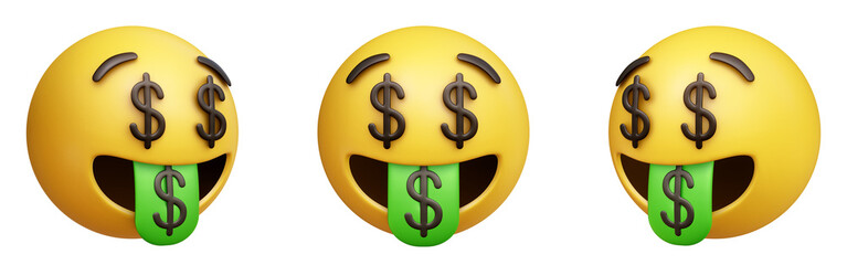 Money mouth face three-dimensional emoji. Money-obsessed emoticon isolated on transparent background. 3D rendering