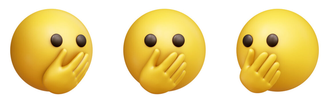 Face with open eyes and hand over mouth three-dimensional emoji. Shocked or oops face emoticon isolated on transparent background. 3D rendering