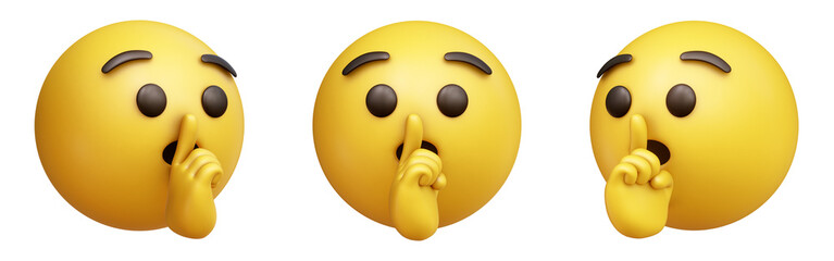 Shushing face three-dimensional emoji isolated on transparent background. 3D rendering