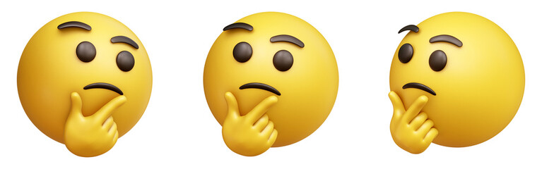 Thinking face three-dimensional emoji. Puzzled or pondering face emoticon isolated on transparent background. 3D rendering