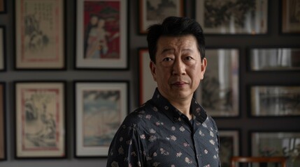 Portrait of an Asian man in full length against a gray backdrop surrounded by pictures